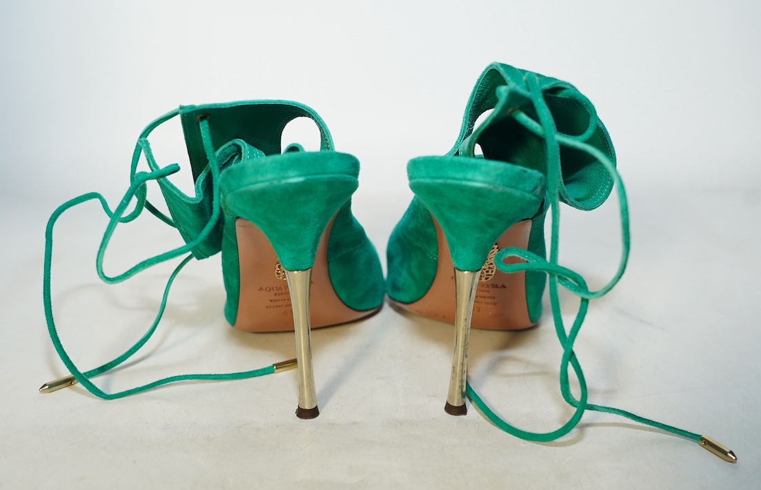 A pair of Aquazzura emerald suede open toe heels, in original box, size 41